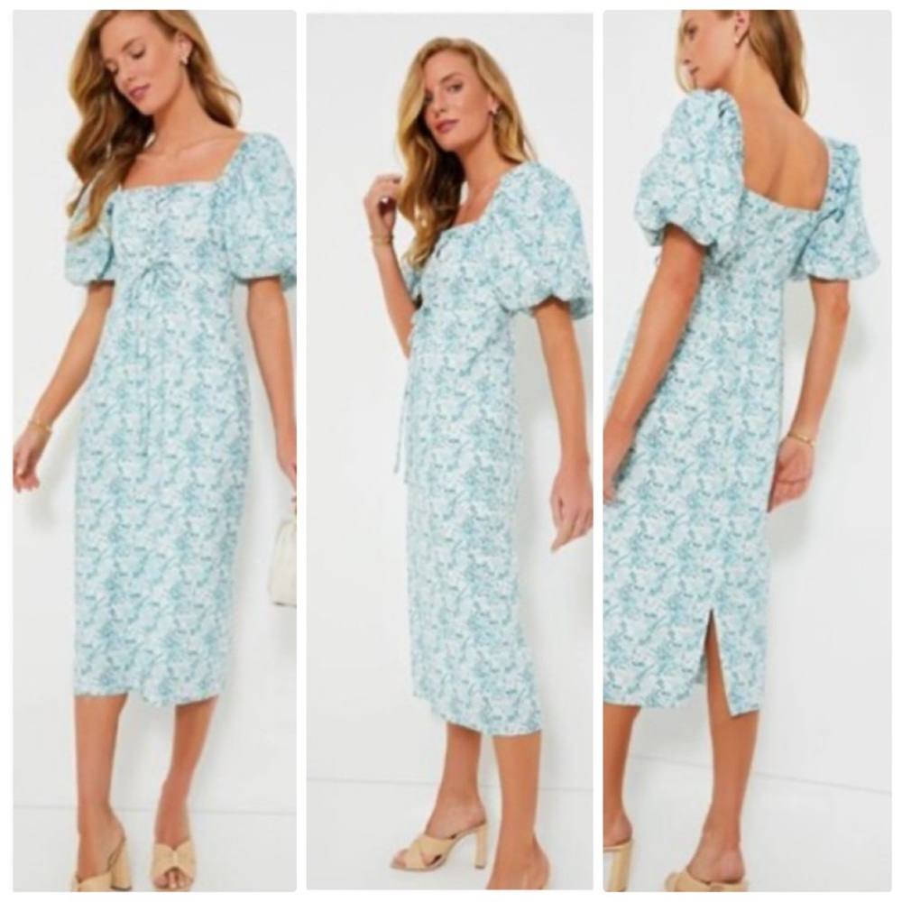 Light Blue Floral Midi Dress with Puff Sleeves